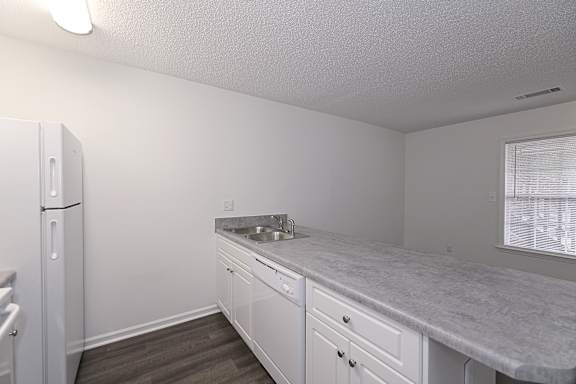 Contemporary chic kitchen with granite surface at Sanctuary Apartments and Townhomes, Augusta, GA 30909