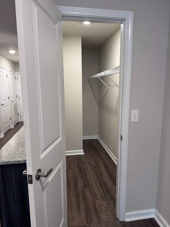 A white door is open to a hallway with a wood floor.