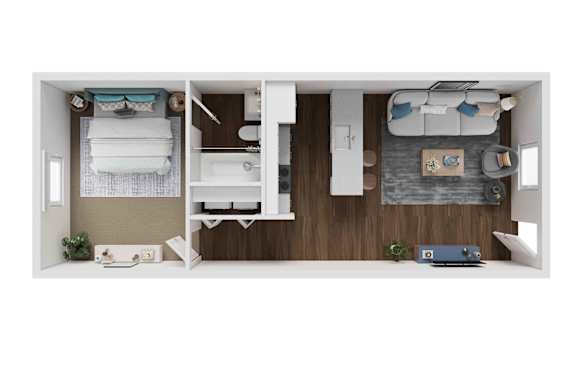 A dollhouse with a bedroom, living room, and kitchen.