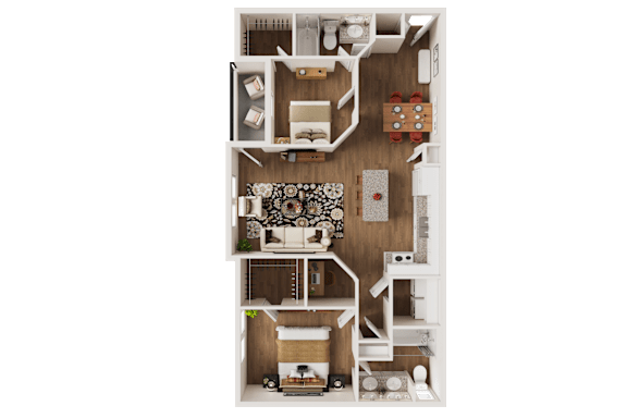 A top down view of a small apartment with a kitchen, living room, and bedroom.