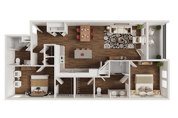 A dollhouse floor plan with furniture and decor.
