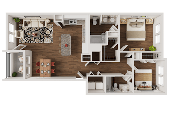 A top-down view of a well-furnished apartment.