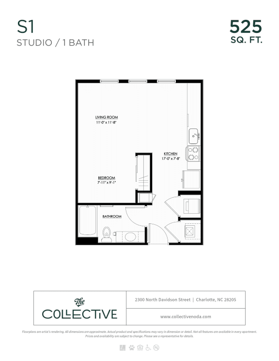 S1 Floor Plan at The Collective NoDa, Charlotte, NC, 28205
