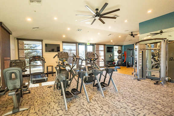 A gym with a variety of equipment including treadmills, weights, and a squat rack. at Arbour Commons, Colorado