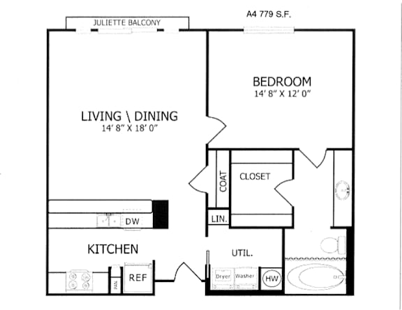 A floor plan for a Juliette Balcony apartment with a living/dining area, kitchen, and bedroom.