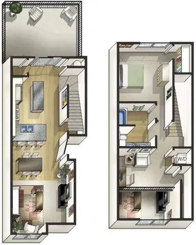 A floor plan of a two-story apartment with a living room, kitchen, bedrooms, and bathrooms.