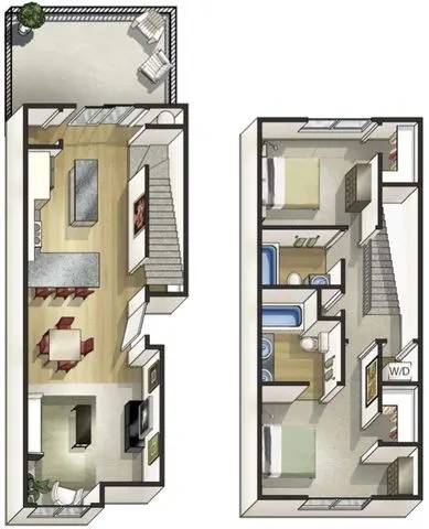 A drawing of a house with two floors and a basement.