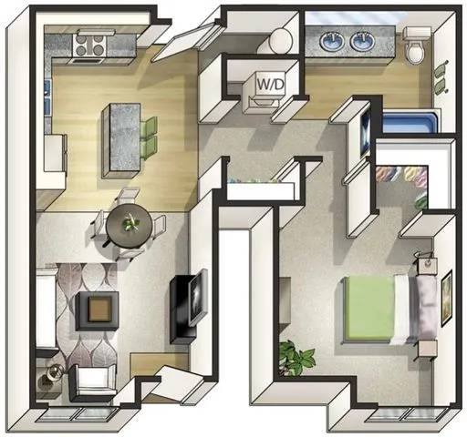 A floor plan of a house with a kitchen, living room, and bathroom.