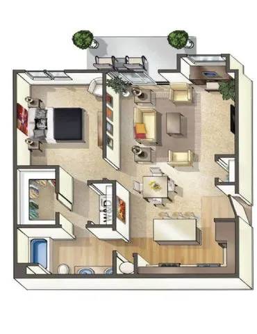 A floor plan of an apartment with a kitchen, living room, and two bedrooms.