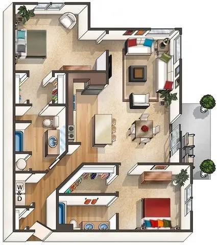 A floor plan of a house with a kitchen, living room, and bathrooms.