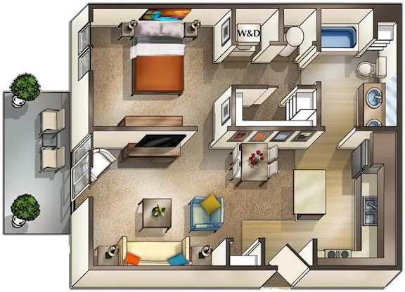 A floor plan of a house with a kitchen, living room, and bathroom.