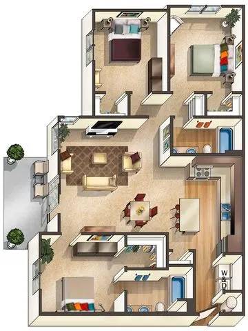 A floor plan of a house with a living room, kitchen, dining room, and bedrooms.