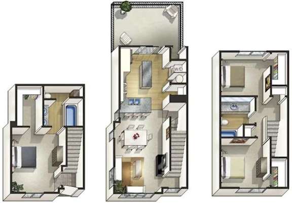 Three different layouts of a house are shown.