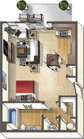 A floor plan of a house with a kitchen, living room, dining room, and two bedrooms.