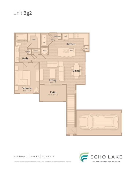 A floor plan of a unit at Echo Lake at Springwoods Village.