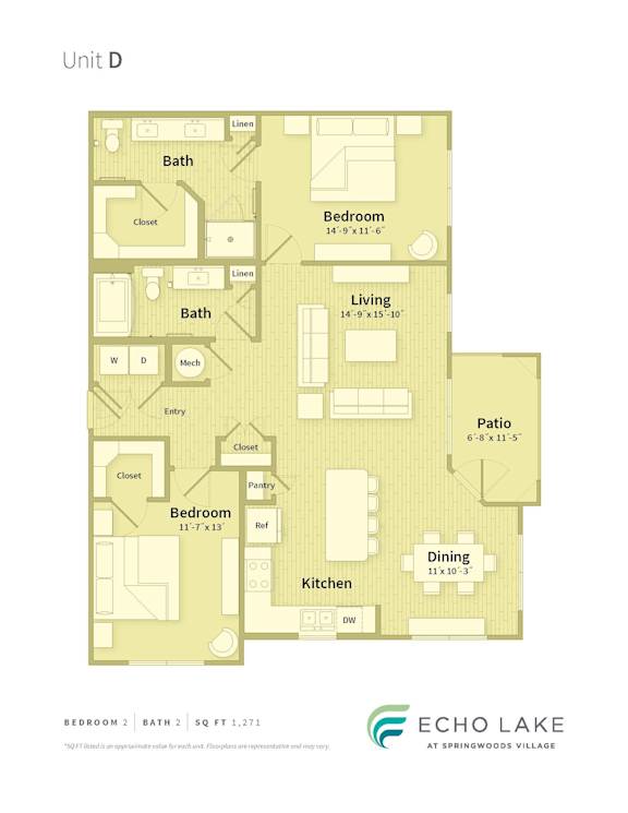 A floor plan of a unit with a living room, two bedrooms, a bathroom, a patio, a kitchen, and a dining area.