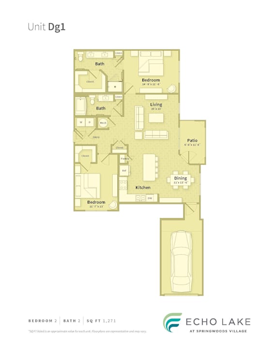 A floor plan of a unit with a bedroom, bathroom, living room, dining room, kitchen, and patio.