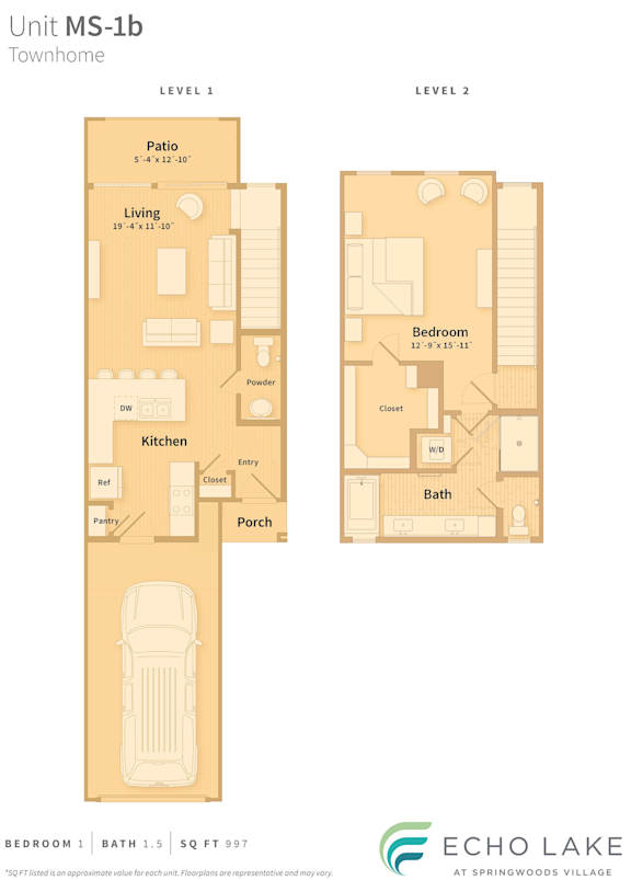 A floor plan for a townhome at Echo Lake Springwoods Village.