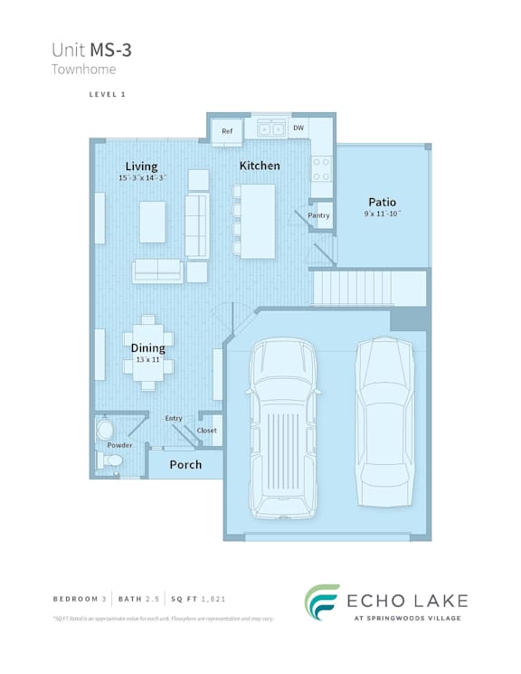 A floor plan for a townhome with a living room, kitchen, dining room, and a bathroom.