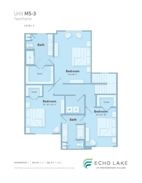 A floor plan for a townhome with three bedrooms and two bathrooms.