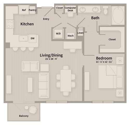 Unit B2 1 Bedroom Apartment floor plan