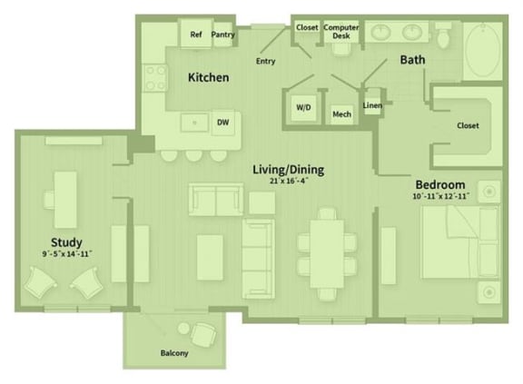 Unit C 1 Bedroom Apartment floor plan