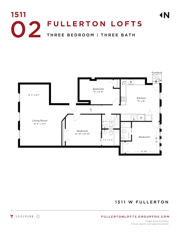 A floor plan for a property at 1511 W Fullerton shows a living room, three bedrooms, a kitchen, and three bathrooms.