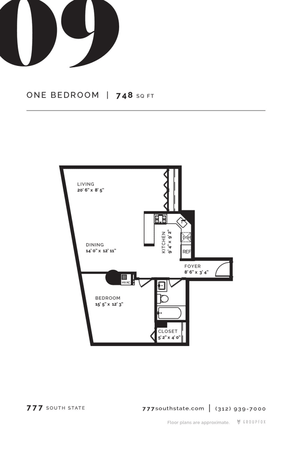 777 South State One Bedroom Floor Plan