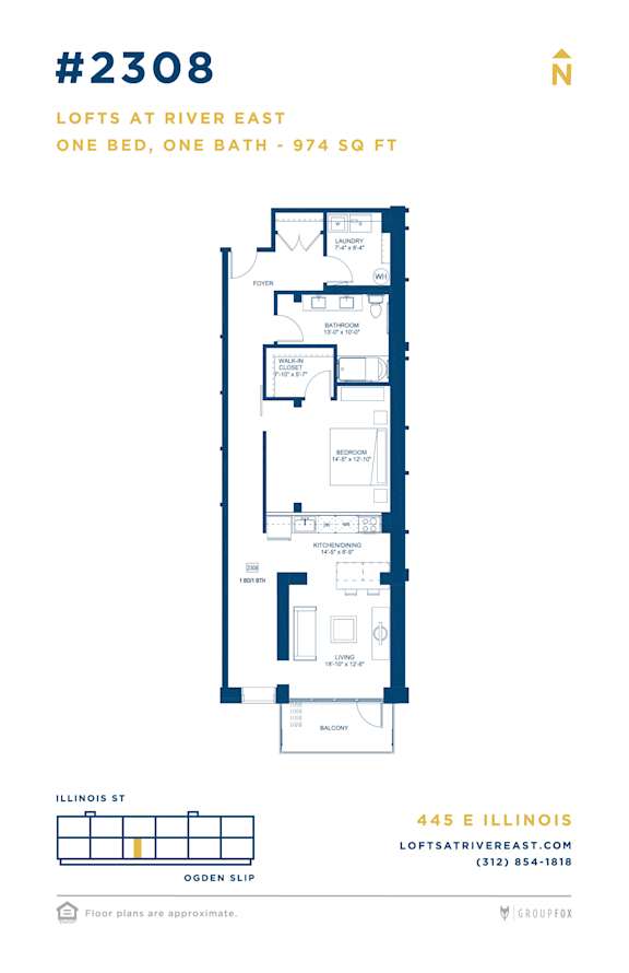 A floor plan for a one bedroom, one bathroom apartment at River East.