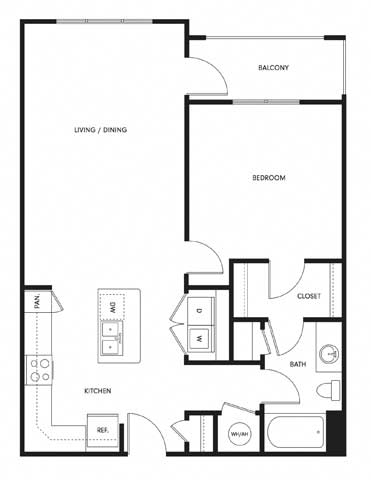 a schematic drawing of theoblue floor plan of a 1 bedroom apartment