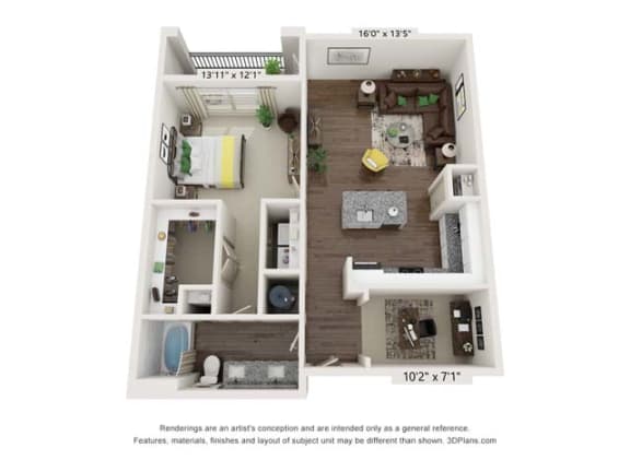 3d furnished floor plan for a 1 bedroom 978 sq ft
