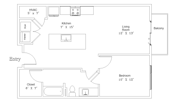 A floor plan of a home showing a kitchen, living room, and two bedrooms.
