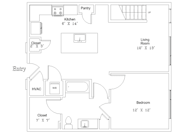 A floor plan of a house with a kitchen, living room, and two bedrooms.