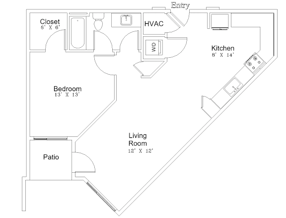 A floor plan of a house with a living room, bedroom, kitchen, patio, closet, and HVAC system.