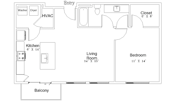 A floor plan of a small apartment with a kitchen, living room, bedroom and bathroom.