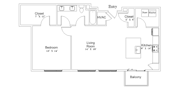 A floor plan of a home with a bedroom, living room, kitchen, and closet.