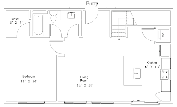 A floor plan of a small apartment with a bedroom, living room, kitchen, and closet.