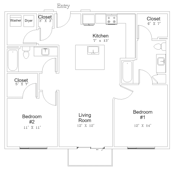 A floor plan of a living space with a kitchen, two bedrooms, and three closets.