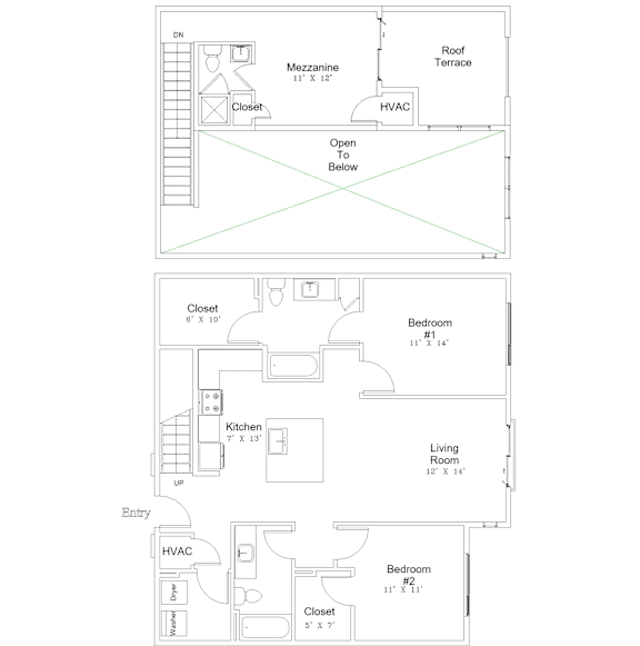 A floor plan of a home with a kitchen, living room, and two bedrooms.