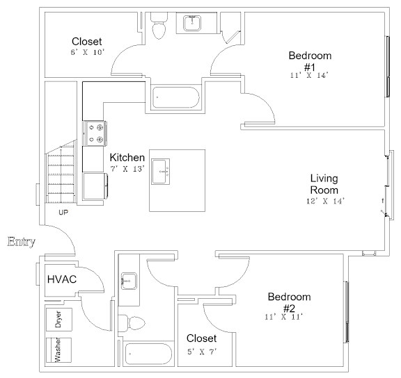 A floor plan of a small apartment with two bedrooms, a kitchen, and a living room.