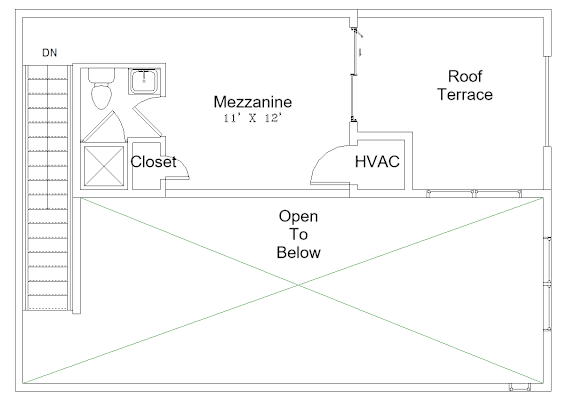 A floor plan of a room with a Mezzanine, HVAC, and Closet.