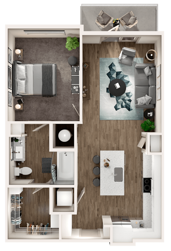 A top-down view of a modern apartment layout with a living area, kitchen, and bedroom.