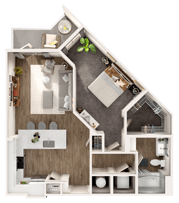 A detailed 3D floor plan of a house showing the layout of the kitchen, living room, and bedrooms.