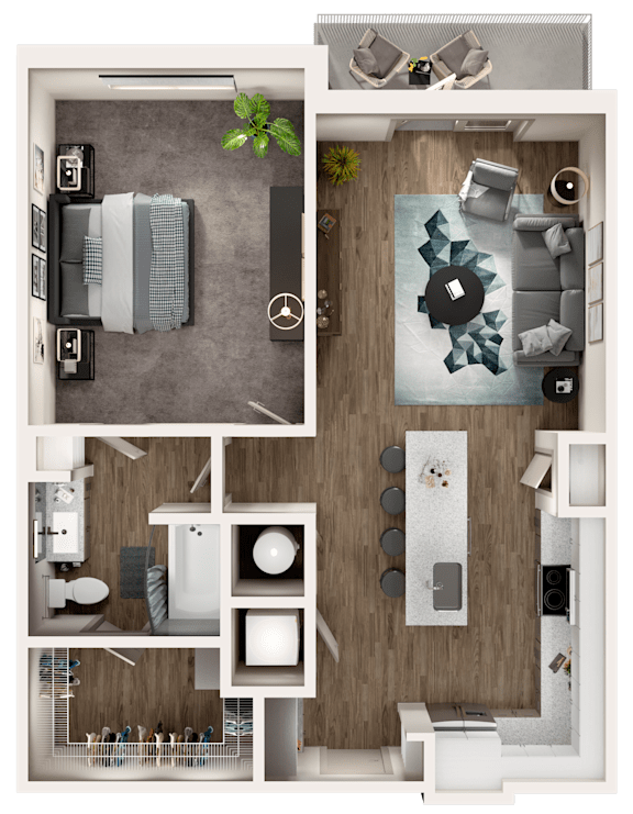 A top-down view of a modern apartment layout with a kitchen, living room, and bathroom.