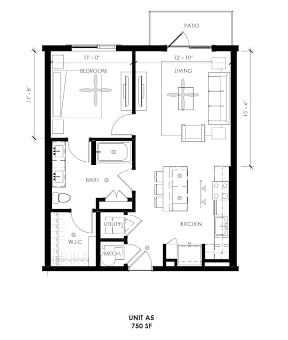 A black and white image of a floor plan for a unit labeled &quot;A5 750 SF&quot;.
