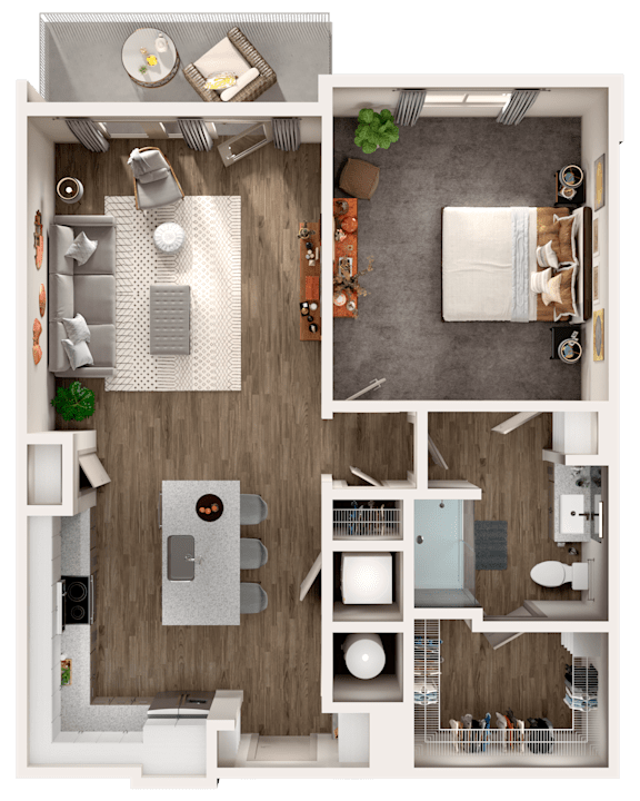 A top-down view of a small apartment layout with a kitchen, living room, and bathroom.