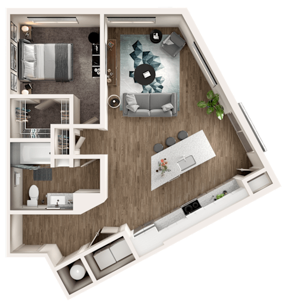 A 3D floor plan of a small apartment with a living room, kitchen, and bathroom.