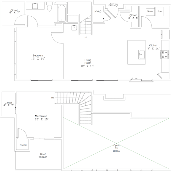 A floor plan of a house with a bedroom, living room, kitchen, and a mezzanine area.