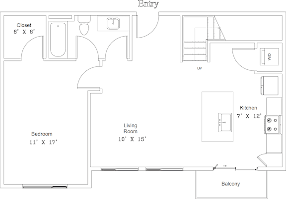 A floor plan of an apartment with a living room, bedroom, kitchen, and balcony.