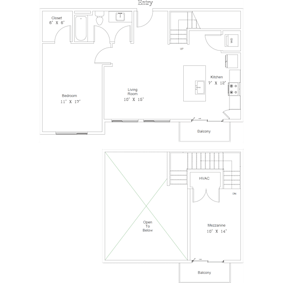 A floor plan of a house with a living room, kitchen, and bathroom.